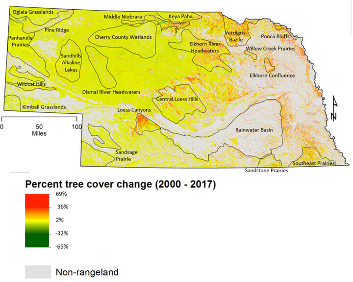 Figure 5. Percent tree cover change from 2000 - 2017 in Nebraska’s rangeland Biologically Unique Landscapes 